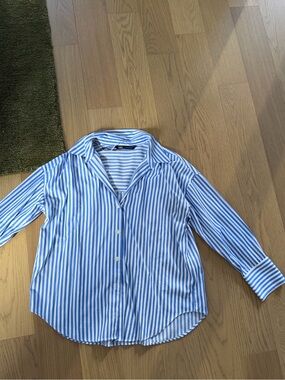 Oversized Zara Blue & White Striped Button-Down Shirt